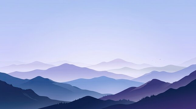 Silhouetted mountains fade into a hazy, purple sky. Layered, undulating hills create a sense of depth and distance.