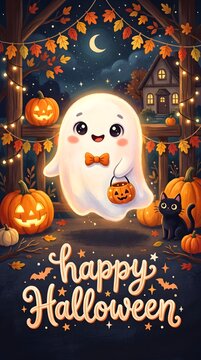 A friendly ghost with a bowtie, holding a mini pumpkin bucket, floats above a decorated Halloween ground with jack-o'-lanterns, a black cat, and autumn garlands under a starry night sky.