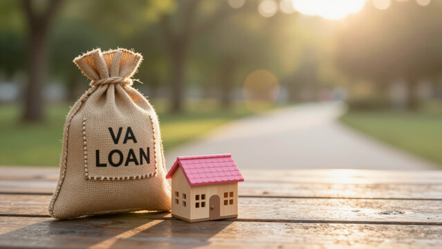 Veteran Home Loan Concept - Burlap Sack with Loan Label and Miniature House in Golden Hour Park Light for Real Estate Finance, Mortgage Marketing, and Military Support Content