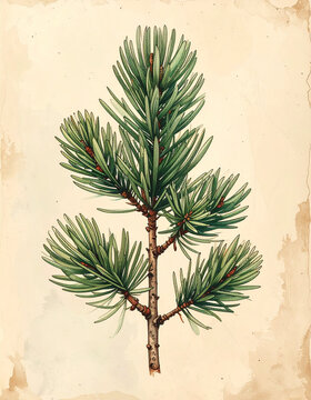 Minimal pine branch with slender needles, vintage botanical illustration, delicate scientific line drawing