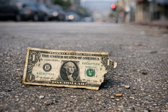 A single one-dollar bill lies on the ground, with a subtle texture and realistic details