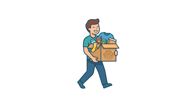 Volunteer Carrying Donation Box Filled With Food And Clothes Illustration