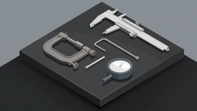 Precision metrology measuring tools set with vernier caliper micrometer c-clamp and dial indicator gauge isometric vector illustration