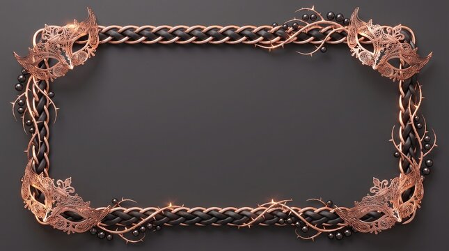 Ornate halloween frame with masks thorns and braided rope is rendered in 3d