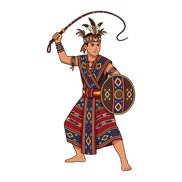 Indonesian Caci dancer in traditional Manggarai warrior costume holding whip and shield
