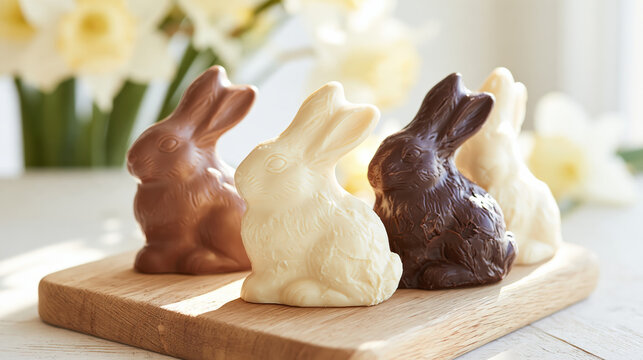 Three Easter bunny chocolate bunnies in milk, dark, and white chocolate arranged on wooden board, creating festive spring still life scene