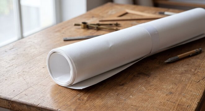 Photorealistic mockup of rolled blank white drafting paper on a table