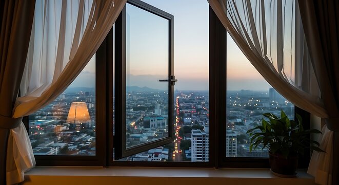 Stunning View of Cityscape at Twilight Through an Open Apartment Window.