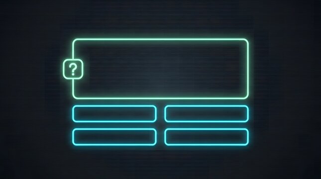 Glowing neon quiz interface with question mark icon and multiple choice answer boxes on dark background