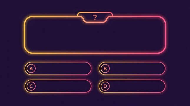 Neon quiz template with question box and four multiple choice answer buttons on dark purple background