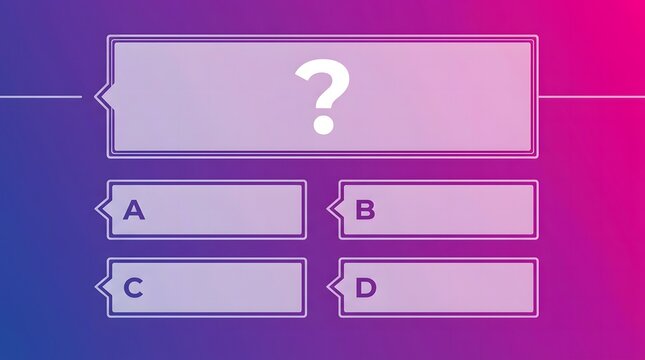 Multiple choice quiz template with question mark and four answer boxes on colorful gradient background