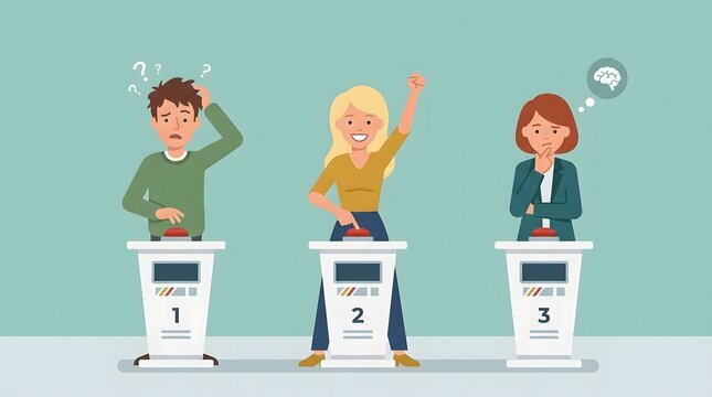 People participating in a quiz show competition pressing buzzers to answer questions with expressions