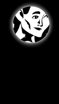 Black and white comic illustration of a Asian mother face inside a circular frame on dark background. Minimalist portrait vector graphic for avatar, logo, badge, and icon design.