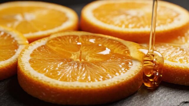 Close-up of orange slices with honey drizzling in sequence