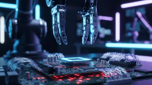 Close-up of robotic arm assembling electronic circuit boards