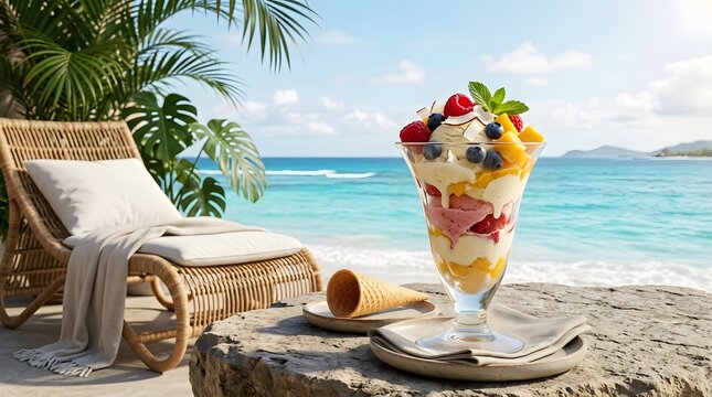 Tropical beach scene featuring a colorful fruit parfait and a relaxed lounge chair with ocean view