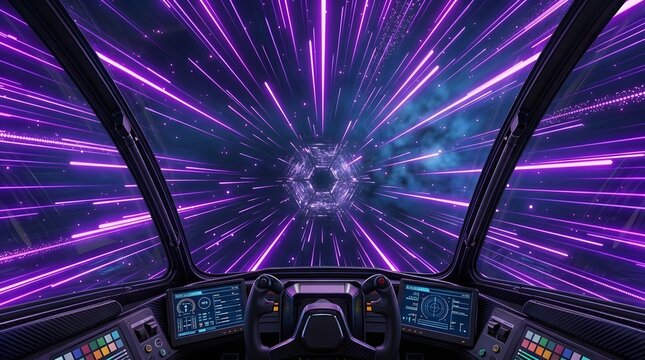 Spaceship cockpit, spacecraft interior, futuristic technology - Interior view of a sci-fi spacecraft cockpit traveling through a purple hyperspace