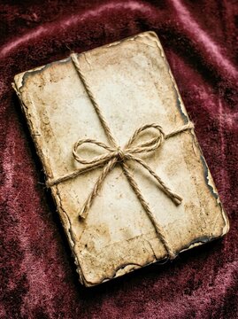 Vintage Book Wrapped in Twine on Rich Maroon Velvet Background Evoking Nostalgia and Rustic Charm