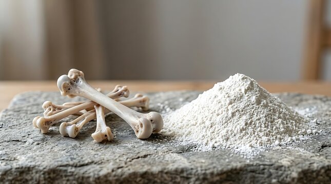 Natural chicken bone calcium supplement powder next to small bones on a textured stone surface
