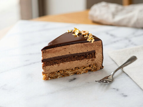 A single slice of delicious chocolate mousse cake with gold leaf garnish on a marble surface.