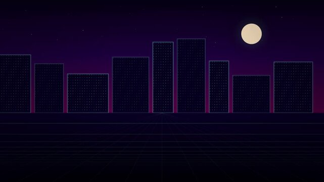 Retro futuristic city skyline with glowing grid floor in a looping night scene