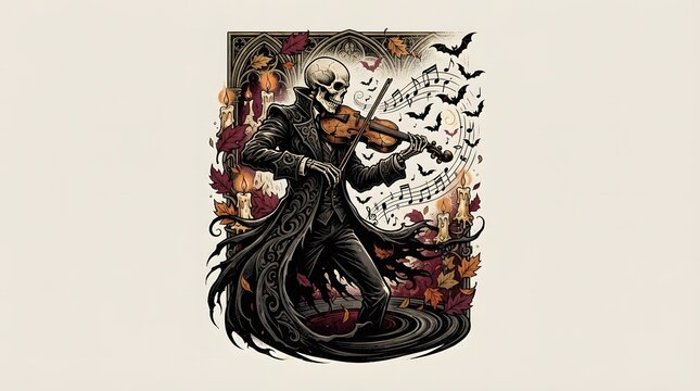 Dark gothic illustration of a skeleton playing violin for a t shirt others will admire featuring spooky bats and eerie forest background elements