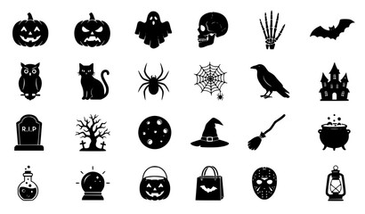 Fototapeta premium Halloween Black Silhouette Vector Icon Collection with Ghost Pumpkin Skeleton Bat Witch and Cat
