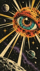 Fototapeta premium Vintage psychedelic cosmic eye mobile wallpaper, planets, radiant space rays