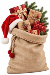 Naklejka na ściany i meble Christmas gift sack filled with presents, greenery, and Santa hat