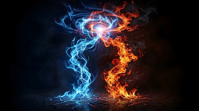 Abstract visualization of fire and ice elemental forces swirling together in a dramatic energy vortex against a dark background with cracked ground