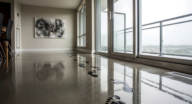 Wet Footprints Leading Through Modern Luxury Apartment.