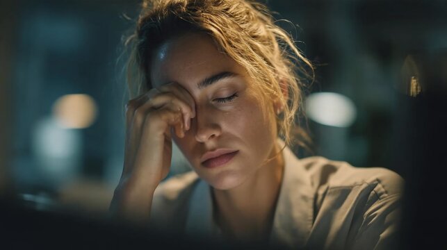 Tired woman rubbing eyes while working late at night in a dimly lit office
