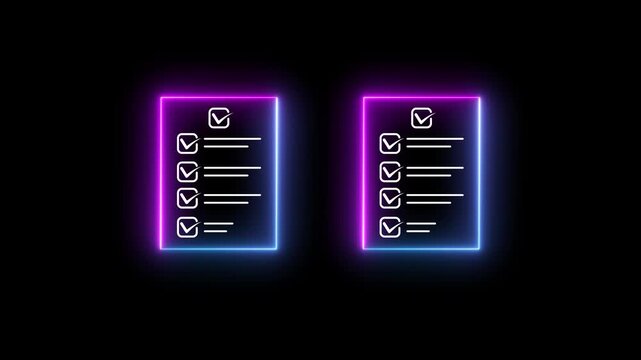 Neon Checklist Icon Animation &ndash; Glowing Document Task List Loop. 4k animation
