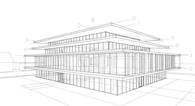 Building sketch illustrating a contemporary commercial structure layout with transparent windows and roof overhangs.