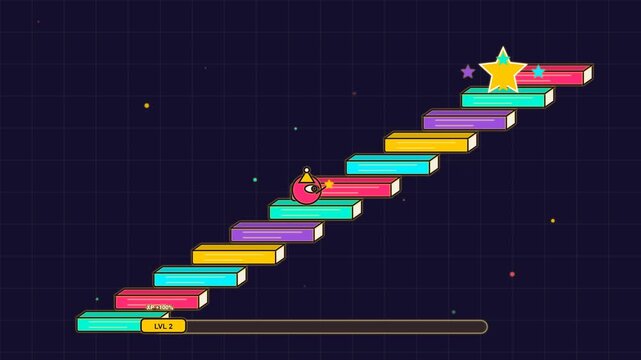 Animated game character jumping on colorful blocks representing a progress level in a digital interface level progression gaming interface digital platformer experience points progress bar