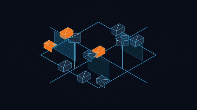 Isometric abstract data structure visualization with connected nodes and orange modular blocks network structure technology background digital architecture system design abstract interface