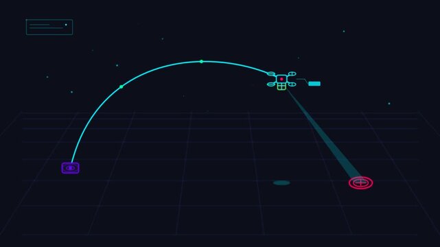 Futuristic drone trajectory interface animation showing flight path mapping and targeting data telemetry hud technology future navigation sensor hud technology future navigation sensor
