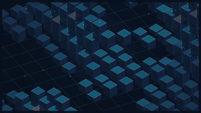 Abstract isometric 3D visualization of data cubes growing and glowing on a dark grid surface glowing blocks digital information technology big data growth glowing blocks digital information technology