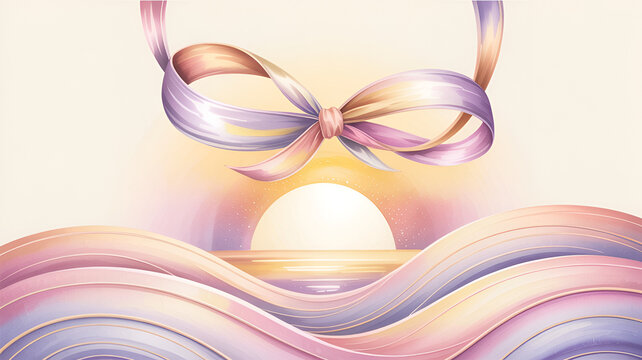 Pastel ribbon bow suspended above gentle waves during a soft sunrise with golden light