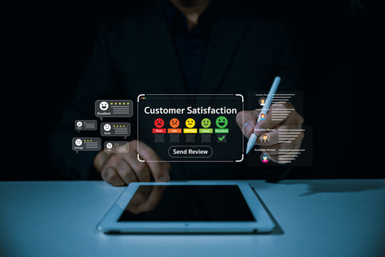 Customer satisfaction review interface on tablet with stylus, showing feedback ratings, service quality, online survey, customer experience, reputation, loyalty, and business performance.