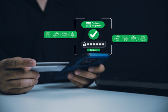 Secure online payment on smartphone with credit card and password verification, showing ecommerce checkout, digital transaction, mobile banking, authentication, security, and purchase protection.