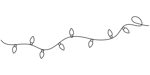 Black and white line art drawing of a festive string of christmas fairy light bulbs © Monibala