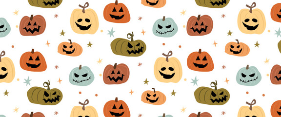 Fototapeta premium pumpkin face doodle hand drawing seamless pattern halloween party jack o lantern spooky cute background funny