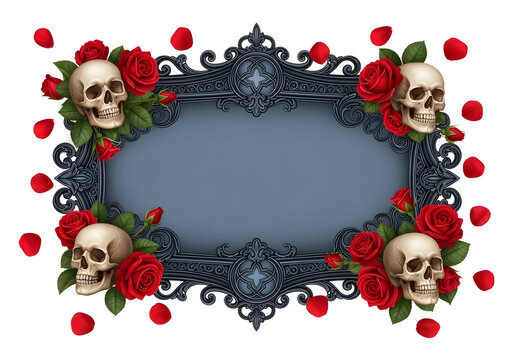 Gothic mirror frame with skulls and roses decoration isolated on white background