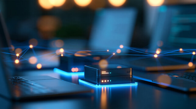 Futuristic digital network visualization featuring several laptops and a central server tower illuminated with neon blue light, with copy space