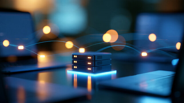 Futuristic digital network visualization featuring several laptops and a central server tower illuminated with neon blue light, with copy space