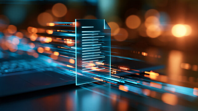 Digital data streams merging into a single large glowing document, data aggregation and processing for analysis, dark background, with copy space