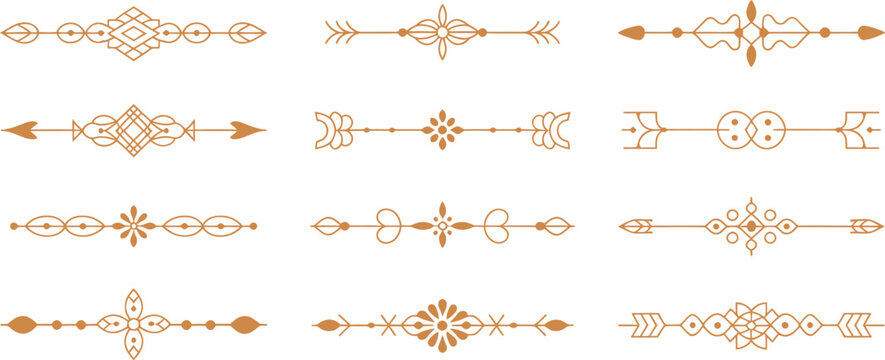 Vintage ornamental divider line set featuring decorative geometric borders, filigree page breaks, and tribal arrow flourishes vector illustration.