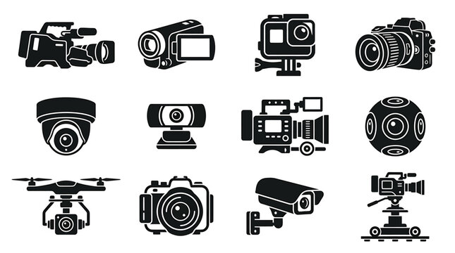 Collection of modern recording equipment and surveillance camera icons with recording equipment surveillance photography technology security broadcast production professional operator