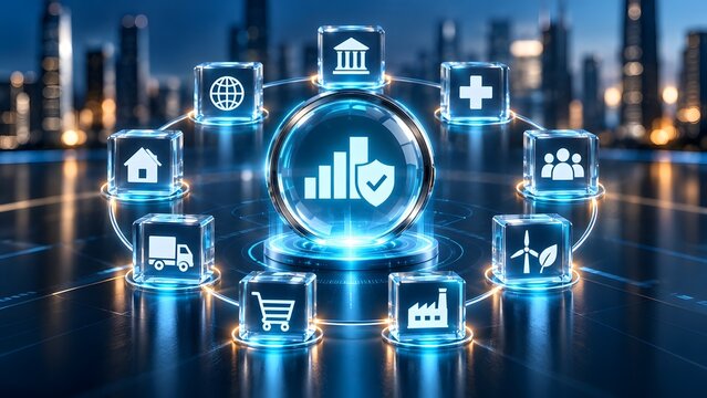 Glowing digital business ecosystem network with a secure financial growth icon surrounded by industry symbols over a modern city skyline at night